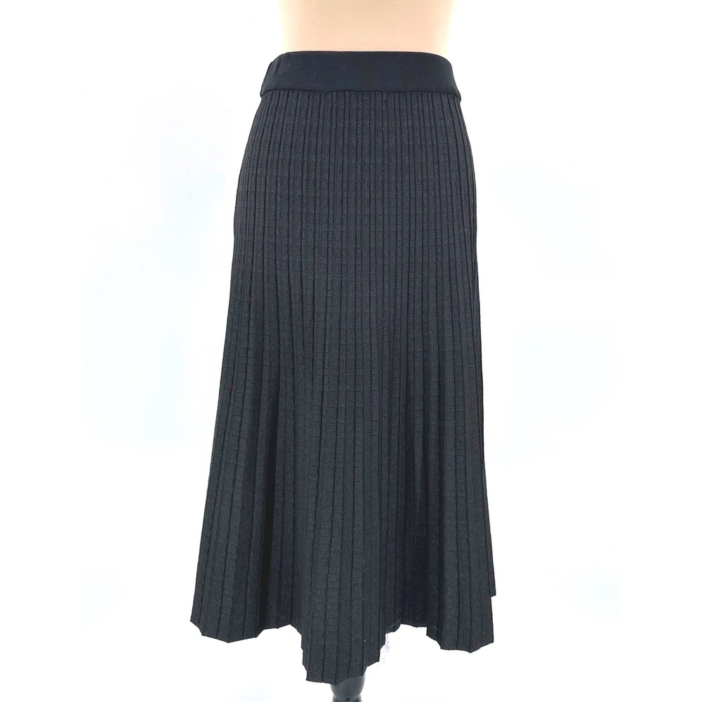 Nancy Yang Black Metallic Ribbed Pleated Knit Midi Skirt Size M L IVI
